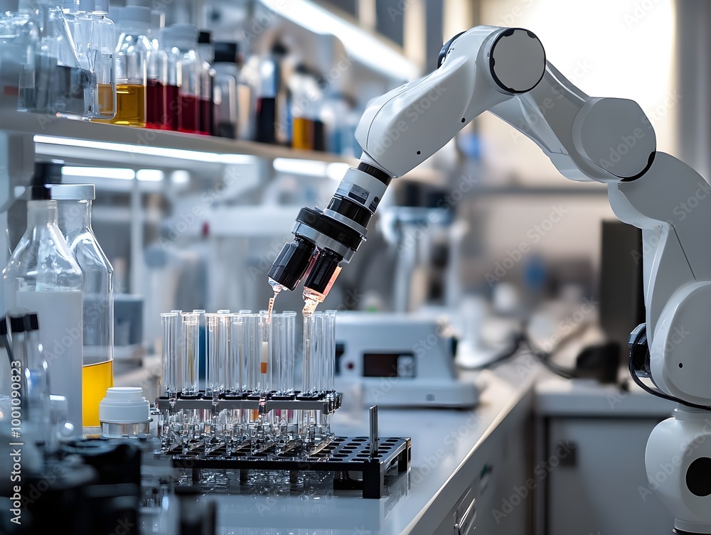 Aufkleber laboratory robot arm working with test tubes