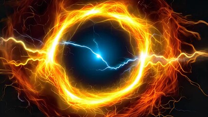 Powerful energy ring with electric sparks and glowing fiery effect, showcasing dynamic motion and intense light in a digital environment.