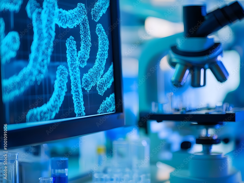 Poster laboratory microscope with scientific visualization