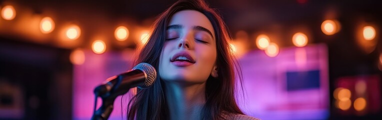 Fototapeta premium A young woman passionately performs her favorite song at a lively karaoke night in a bar