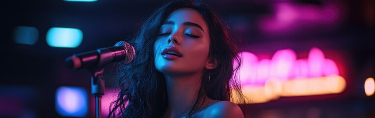 A young woman enjoys performing karaoke in a lively bar filled with colorful lights