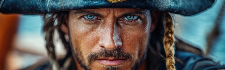 Obraz premium The man, wearing a pirate hat, gazes intently at the camera with a boat in the background