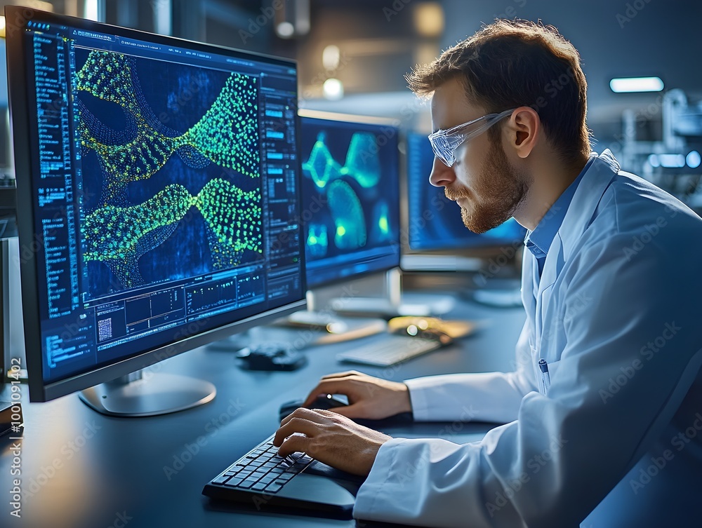 Fototapete scientist analyzing data on computer screens in laboratory