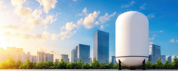 A modern urban landscape featuring a large white cylindrical structure against a backdrop of skyscrapers and a bright blue sky with scattered clouds.