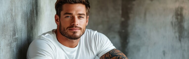 Fototapeta premium A stylish man with tattoos poses confidently in a relaxed oversized white t-shirt
