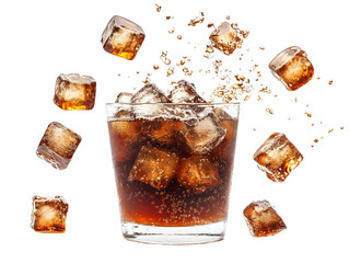 Refreshing beverage with ice cubes splashing in fizzy soda, bright and appealing on a white background.
