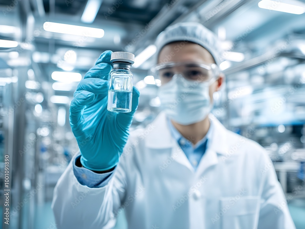 Poster scientist holding vaccine in laboratory setting