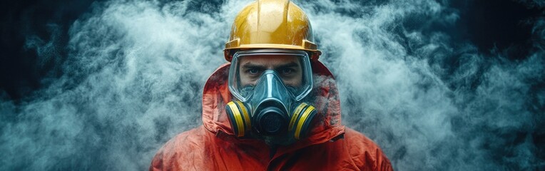 A chemical engineer uses a dust mask for safety while working on a construction site