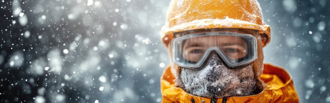 A construction worker in winter gear navigates heavy snowfall while wearing a dust mask