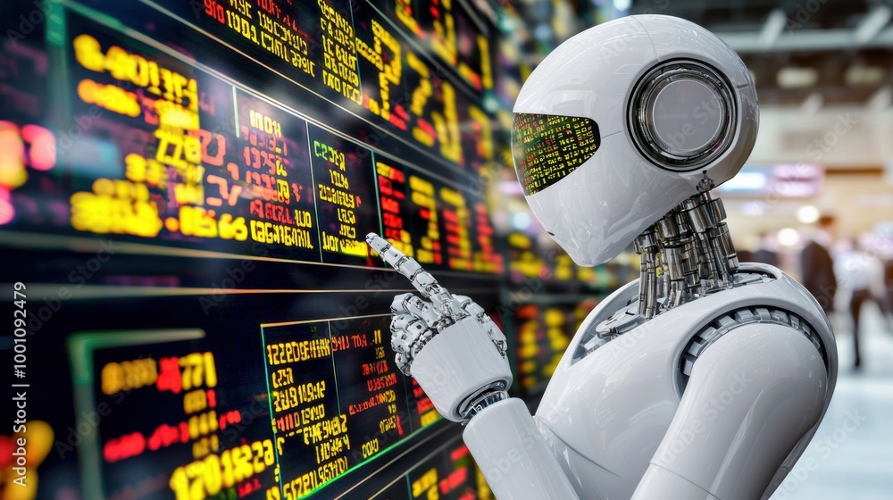 Poster robot engaging with stock market data display