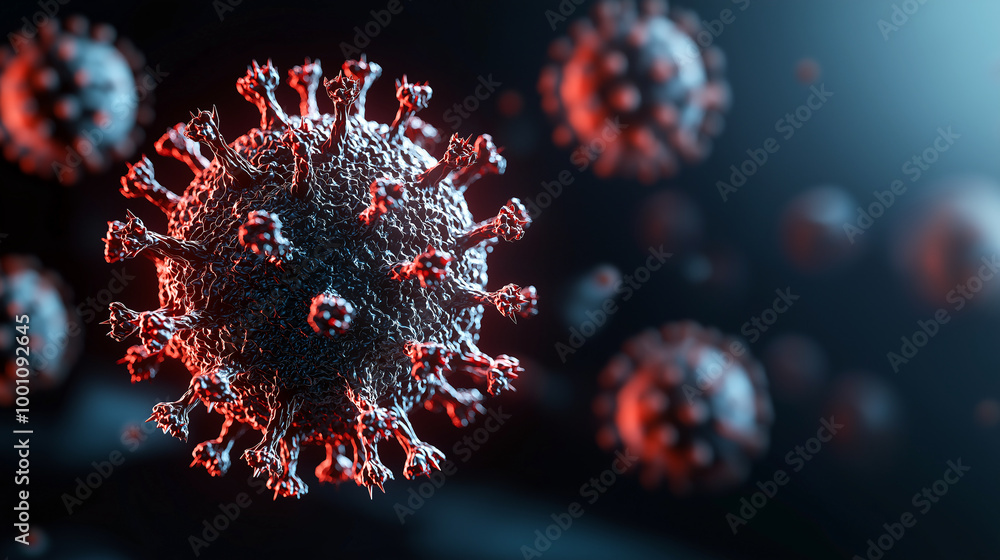 Poster a menacing close up of virus particle with spikes, showcasing its intricate structure and details. i
