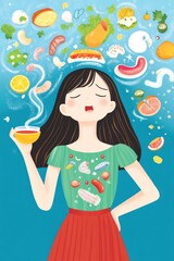 A woman enjoying a bowl of soup surrounded by various food items and ingredients.