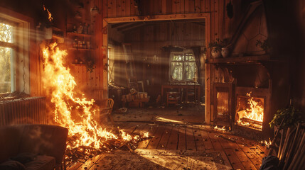 Fototapeta premium Interior of burning home. Flames engulf wooden walls and furniture. Sunlight streams through smoke filled windows. Intimate portrayal of fire's destructive power within domestic space