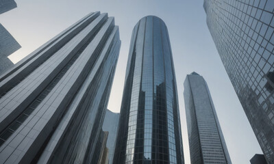 A low-angle view of tall skyscrapers in a city, showcasing the modern architecture and reaching towards a bright sky