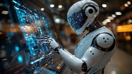 Fototapeta premium A futuristic office scene with an AI robot analyzing complex data on a tablet with holographic projections