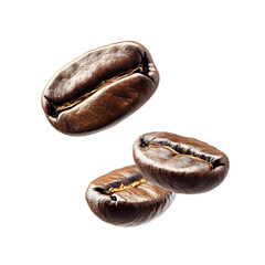 Three roasted coffee beans isolated on a white background, showcasing their rich texture and deep brown color.
