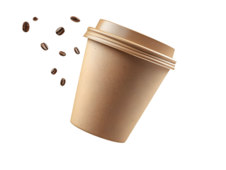A coffee cup with brown paper texture, spilling coffee beans against a white background.