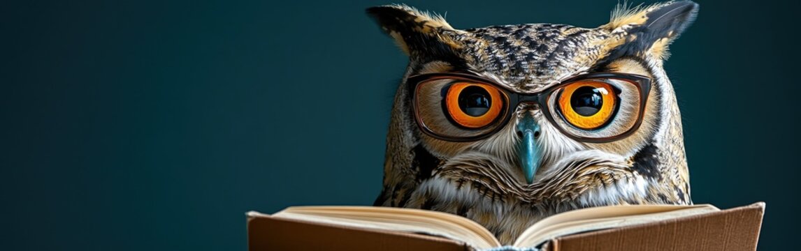 A scholarly owl wearing glasses learns from a book, embodying wisdom and education