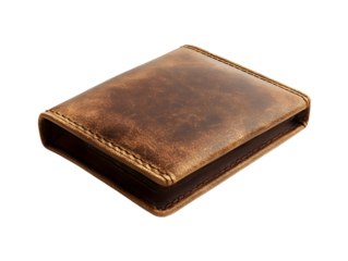 Classic brown leather wallet on a white isolated background, showcasing its texture and design.