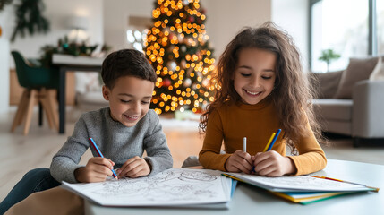 Obraz premium Creative children enjoying art activities in cozy living room decorated for holidays, surrounded by beautifully lit Christmas tree. Their joyful expressions reflect festive spirit