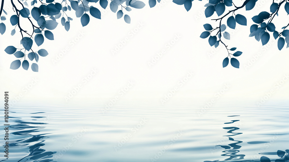 Poster serenity: tranquil tree branches and lush leaves over calm water creating a peaceful background, ide