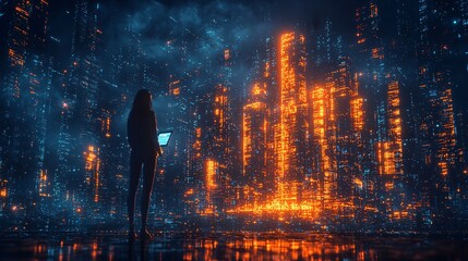 Fototapeta premium A modern AI robot standing in front of a digital cityscape, analyzing urban planning on a tablet