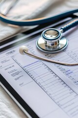 A stethoscope on a tablet displaying medical information.