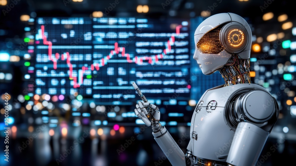 Poster futuristic robot analyzing financial data with graphs
