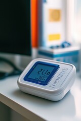 A digital blood pressure monitor on a desk, displaying health readings.