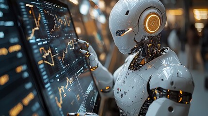 Fototapeta premium An AI robot navigating financial data and market trends on a tablet with glowing charts