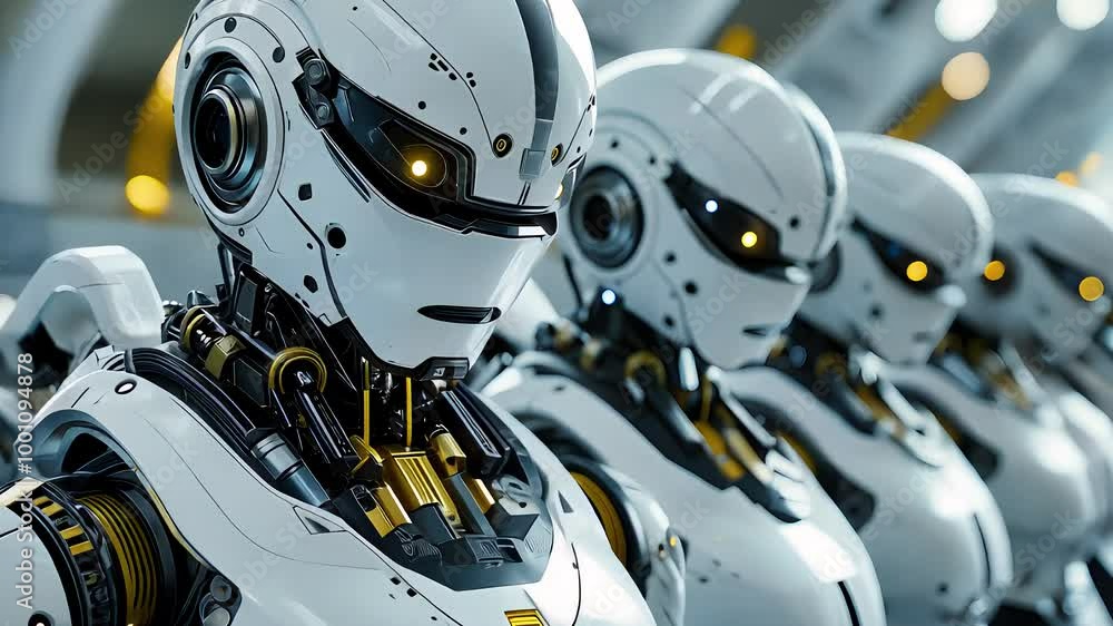Poster futuristic robots in formation with advanced artificial intelligence, sleek design, and cutting-edge