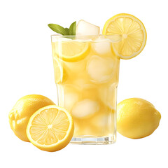 Refreshing lemonade drink with ice and fresh lemon slices on a white background.