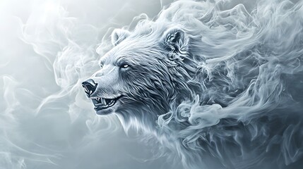 A majestic angry bear head emerges from the smoke, its mane flowing in shades of white and gray against an ethereal background
