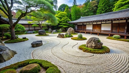 Obraz premium Calm Japanese zen garden with stones, sand, and trees in a traditional setting