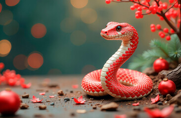 Obraz premium Red and white snake on a festive background. Illustration