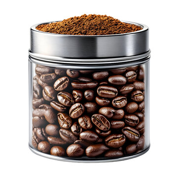 A glass jar filled with coffee beans and ground coffee, isolated on a white background.