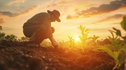 Fototapeta premium Farmer Planting Seeds at Sunset in Organic Farming