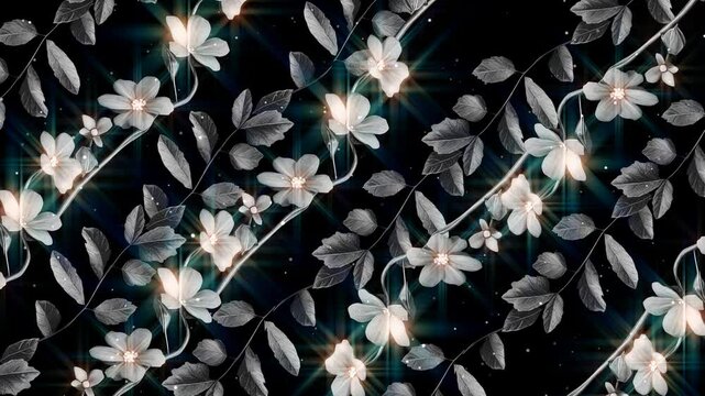 Seamless Animated Tropical black and white Flowers with Vine, leafs and particles