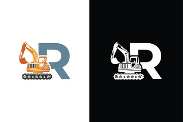 Letter R excavator logo template vector. Heavy equipment logo vector for construction company.