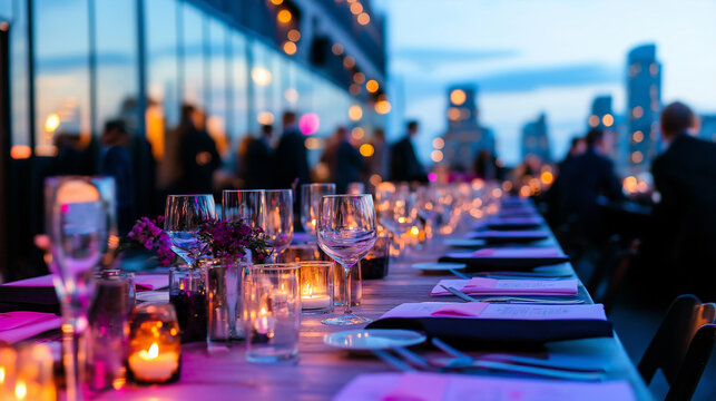 Elegant corporate event venue with sophisticated table settings at Modern rooftop setting with city skyline views.