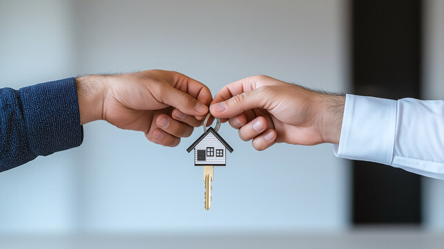 Hands exchanging house key symbolize transfer of property ownership and new beginnings. This moment captures excitement and joy of homeownership - Powered by Adobe