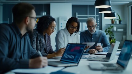 Diverse group of businesspeople reviewing data on laptops and tablets during a collaborative meeting.