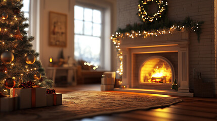 Burning fireplace cozy home interior at christmas. Cozy Christmas Living Room with Festive Decor and Fireplace