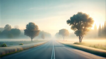 Misty road stretching into distance, flanked by trees and glowing softly at sunrise, foggy morning