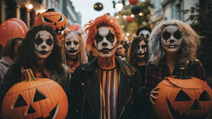 Young people wearing Halloween costumes, dressed for a halloween party. Friends with scary make up and disguise having fun.