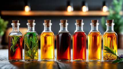 Vibrant glass bottles filled with organic oils showcase variety of colors and natural ingredients, creating visually appealing display. warm lighting enhances beauty of oils