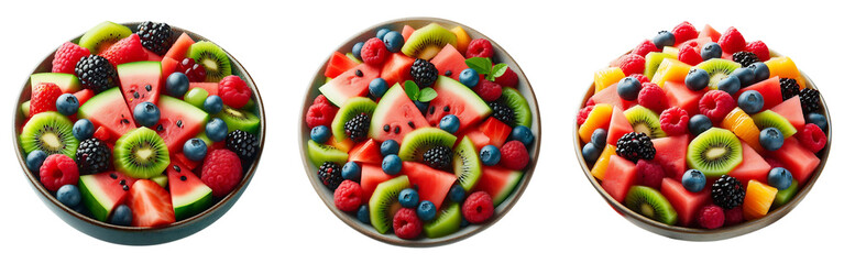 bowl of mixed fruit salad with vibrant slices of watermelon, kiwi, and berries. Three PNG images Isolated on white or transparent background.