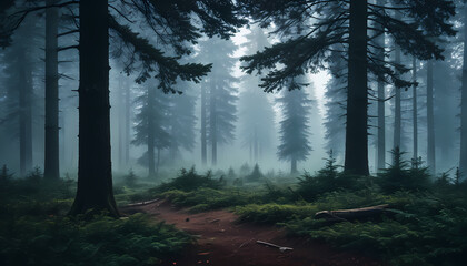 Obraz premium Misty landscape with fir forest