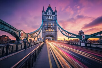 Obraz premium Iconic Tower Bridge at sunset with blurred traffic