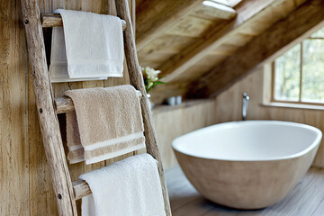 a distressed wooden ladder repurposed as a towel rack in a rustic bathroom, soft natural light from skylight, earth tones dominant
